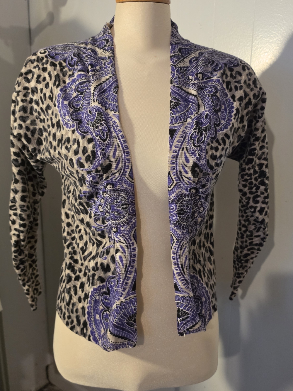 Chico's Gray & Purple Leopard Print Open-Front Cardigan